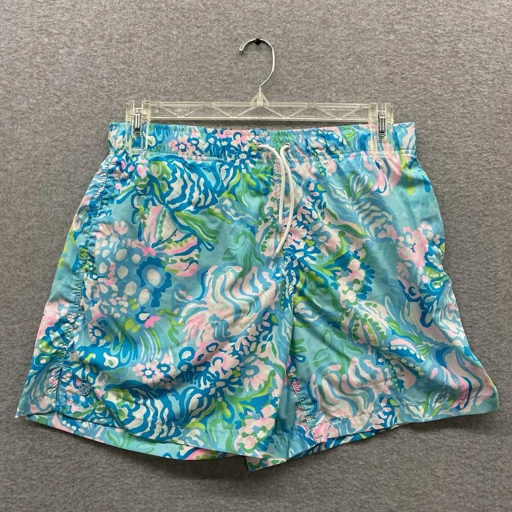 Lilly Pulitzer Swim Trunks Mens M Aqua La Vista Board Shorts Fish Print Lined